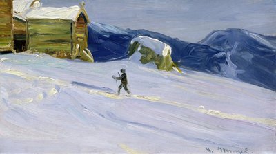 Winterabend in Vaga mit Skifahrer von Gustav Wentzel