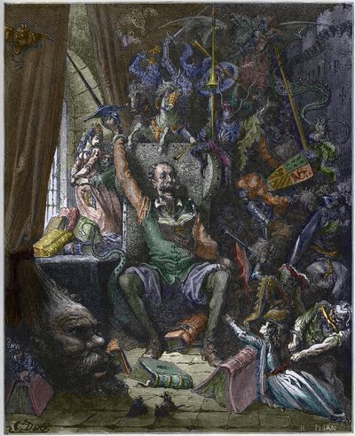 Don Quixote in seinem Arbeitszimmer, umgeben von den Phantomen seiner Tagträume - Don Quixote de la Mancha von Miguel Cervantes (1547-1616) - graviert von Heliodore Joseph Pisan (1822-90) nach einer Zeichnung von Gustave Dore von Gustave (after) Dore