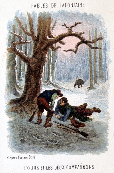 Illustration von „Der Bär und die zwei Gefährten“, Fabel von La Fontaine, basierend auf einer Zeichnung von Gustave Doré. von Gustave (after) Dore