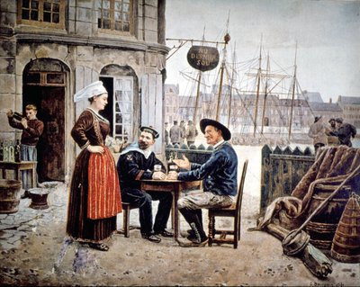 2 Männer (ein Seemann und ein bretonischer Fischer) in einer Bar, die sich mit einer bretonischen Kellnerin unterhalten, Saint Malo von Gustave Bourgain