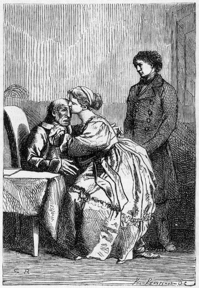 Marius und Cosette besuchen den kranken Jean Valjean - in „Les Misérables“ von Victor Hugo, ill. von Brion, ed. Hetzel und Lacroix von Gustave Brion