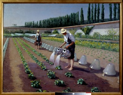 Die Gärtner, zwei Männer mit ihren Gießkannen bewässern ihre Pflanzung, Gemälde von Gustave Caillebotte von Gustave Caillebotte
