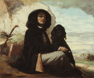 Selbstporträt genannt Courbet mit schwarzem Hund von Gustave Courbet