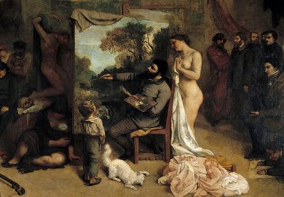 Das Atelier des Malers. Allegorie Reelle, die eine siebenjährige Phase meines künstlerischen Lebens (und moralischen) bestimmt. Detail (darstellend) der Maler umgeben von seinen zwei Inspirationsquellen, einem Kind, das Naivität symbolisiert, und einer nac von Gustave Courbet