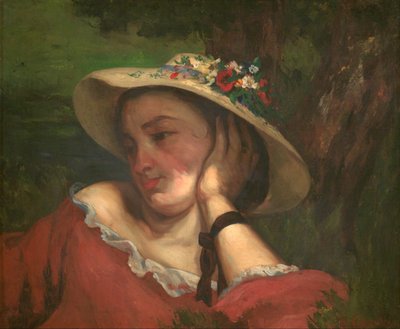Junge Damen am Ufer der Seine – Fragment eines Gemäldes (Frau mit Blumen auf dem Hut) von Gustave Courbet