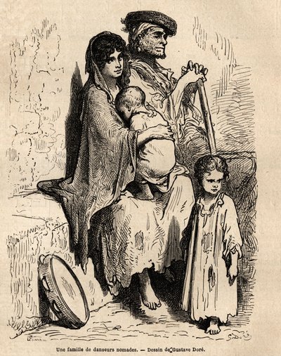 Eine Familie von nomadischen Tänzern ruht sich in den Straßen von Sevilla aus. Skizze von Gustave Doré (1832-1883). Gravur zur Illustration der Reise in Spanien, 1862 von Charles Davillier und Gustave Doré, in „Le tour du monde, nouveau journal des voyages von Gustave Dore