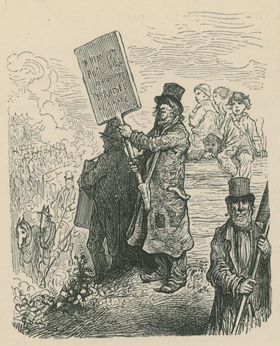 Ein Mann hält ein Plakat bei einem Protest von Gustave Dore