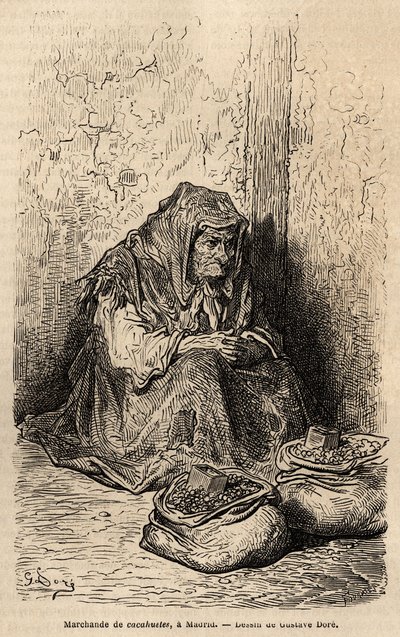 Ein Erdnusshändler, Skizze vor Ort an der Puerta del Sol, in Madrid. Gravur von Gustave Doré (1832-1883) zur Illustration seiner Reise nach Spanien, mit Ch. Davillier (Herausgeber), 1862, veröffentlicht in „Le tour du monde“ 1869, herausgegeben von Edouard von Gustave Dore