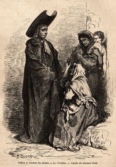 Ein Priester und eine Frau aus dem Volk, in Lumpen gekleidet; die professionellen spanischen Bettler, die sich auf den Höfen der Kirchen niederlassen, um die christliche Nächstenliebe geschickt auszunutzen. Skizze von Gustave Dore (1832-1883). Illustration von Gustave Dore
