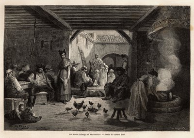 Ein Gasthaus in Estremadura, das Arbeiter und Reisende sowie verschiedene Haustiere oder nicht, willkommen heißt, man kann aus dem gemeinsamen Krug trinken, der von den Balken hängt, oder individuell und man kann auch eine Suppe essen, die immer auf dem Fe von Gustave Dore