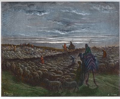 Abraham zieht ins Land Kanaan - Abram ließ sich im Land Kanaan nieder - Gravur in „Die illustrierte Bibel“ von Gustave Doré (1832-1883) - Gravur aus „Die Doré-Bibel“ von Gustave Dore