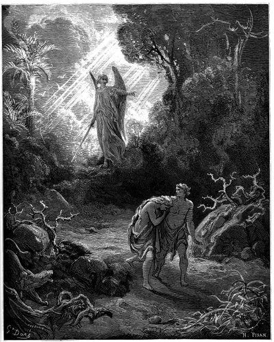 Adam und Eva werden aus dem Paradies vertrieben - Illustration von Gustave Doré für die Bibel von Gustave Dore