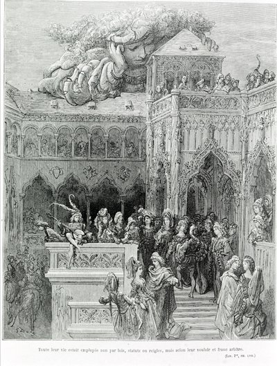 Ihr ganzes Leben wurde nicht durch Gesetze, Statuten oder Regeln bestimmt, sondern nach ihrem Willen und freiem Willen, nach Gargantua (1534) von François Rabelais (1483 - 1553). Gravur von Gustave Doré (1832-1883) von Gustave Dore