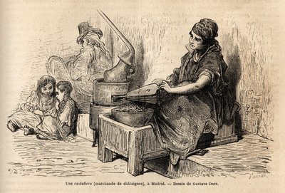 Eine Kastanienhändlerin im Freien, mit ihrem tragbaren Ofen, Skizze auf der Puerta del Sol in Madrid. Gravur von Gustave Doré (1832-1883) zur Illustration seiner Reise nach Spanien, mit Ch. Davillier (Herausgeber), 1862, veröffentlicht in „Le tour du monde von Gustave Dore