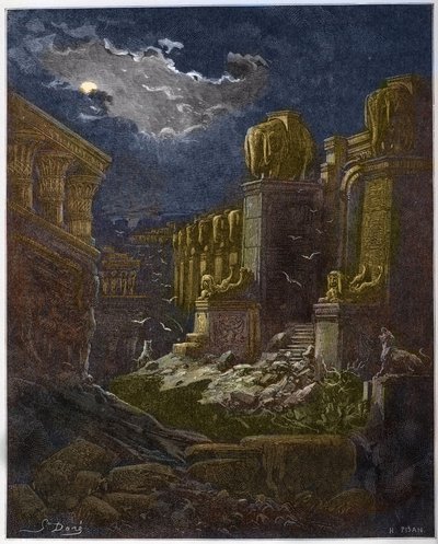 Der Fall Babylons - Babylon in Ruinen (Vision des Heiligen Johannes) - Gravur in „Die illustrierte Bibel“ von Gustave Doré (1832-1883) von Gustave Dore