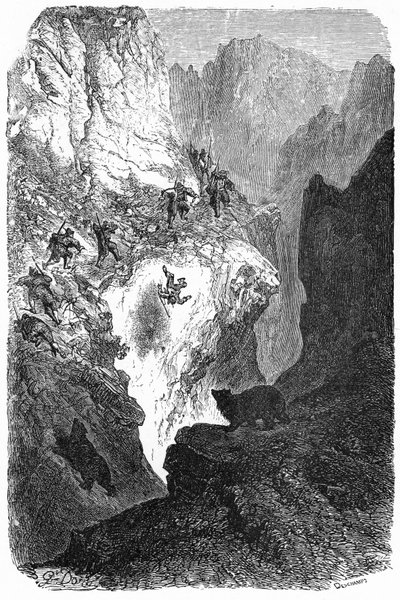 Bärenjagd in den Pyrenäen: Ein Mann stürzt vom Berg. Gravur von Gustave Doré, die das Buch „Reise in die Pyrenäen“ von Hippolyte Taine, Hachette 1860, illustriert. von Gustave Dore