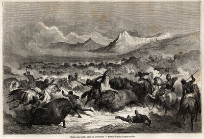 Büffeljagd unter den Delawaren, Ureinwohnern am gleichnamigen Fluss. Zeichnung von Gustave Doré zur Illustration der Reise von Baudouin Mollhausen von Mississippi zum Pazifik 1853-54. Gravur von Gustave Dore
