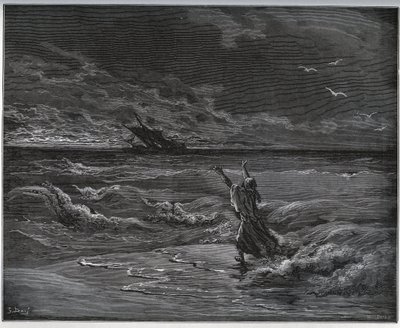 Gefangenen-Geschichte. Aagi-Morato, der Vater von Zoraide, ist am Ufer von „Don Quijote de la Mancha“ von Miguel Cervantes (1547-1616) (Don Quijote) - Holzschnitt nach einer Zeichnung von Gustave Doré von Gustave Dore