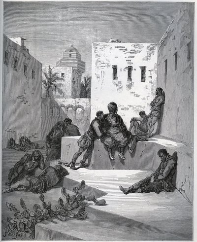Gefangenengeschichte. Hof des Bagnes von Algier, wo der Gefangene einen Dienst von einem Renegaten erbittet - aus „Don Quijote de la Mancha“ von Miguel Cervantes - Holzschnitt nach einer Zeichnung von Gustave Doré von Gustave Dore