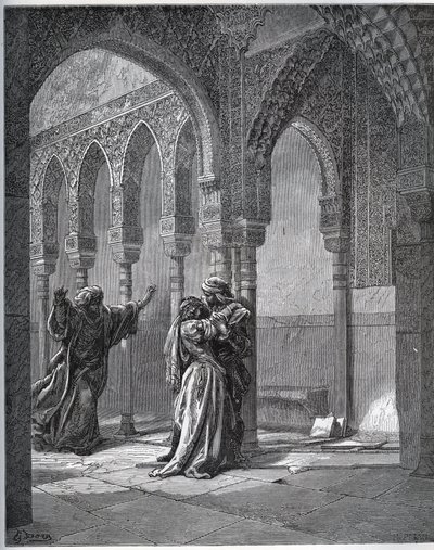 Gefangenen-Geschichte. Erstes Treffen des Gefangenen mit Zoraide im Garten ihres Vaters - aus „Don Quijote de la Mancha“ von Miguel Cervantes (1547-1616) - Holzschnitt nach einer Zeichnung von Gustave Doré von Gustave Dore