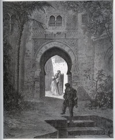 Gefangenen-Geschichte. Erstes Treffen des Gefangenen mit Zoraide im Garten des Vaters, der sie nach seinem Ohnmachtsanfall zurückbringt - aus "Don Quijote von der Mancha" von Miguel Cervantes von Gustave Dore