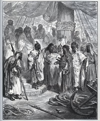 Gefangenen-Geschichte. Pagano Dorias Kopf wurde von den Arabern abgeschnitten - Die Araber schnitten seinen Kopf ab und brachten ihn zum General der türkischen Flotte - aus „Don Quijote von der Mancha“ von Miguel Cervantes (1547-1616) - Holzschnitt nach ei von Gustave Dore