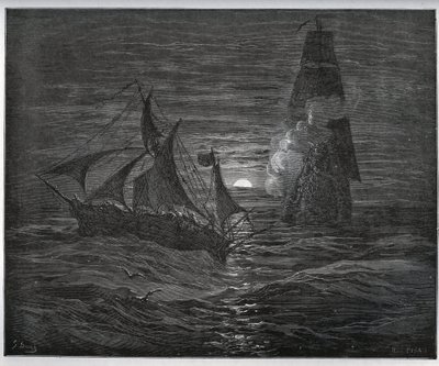 Gefangenen-Geschichte. Das spanische Fluchtboot wird von einem französischen Schiff angegriffen aus „Don Quijote de la Mancha“ von Miguel Cervantes (1547-1616) (Don Quijote) - Holzschnitt nach einer Zeichnung von Gustave Doré von Gustave Dore