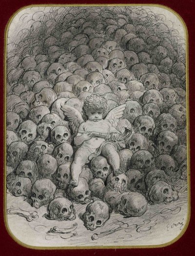 Cupidon mit einer Pistole auf einem Berg von Totenköpfen von Gustave Dore