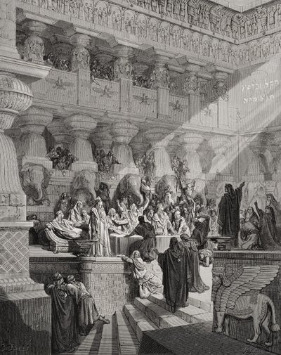 Daniel deutet die Schrift an der Wand, Daniel 5:25-28, Illustration aus Dores 