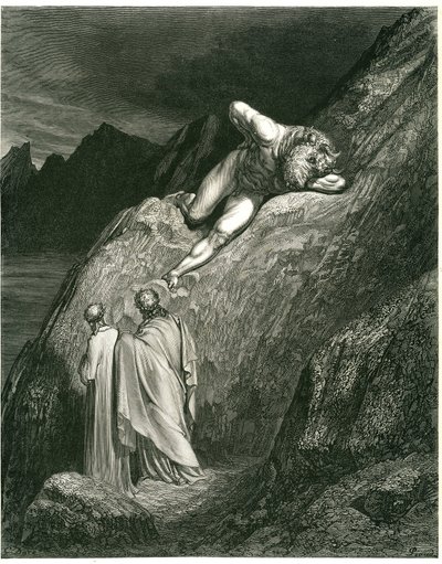 Dante und Virgil treffen den Minotaurus. Gravur aus Die Hölle von Dante Alighieri (Die Göttliche Komödie) illustriert von Gustave Doré. Französische Ausgabe von 1861. „E in su la punta della rotta lacca/L