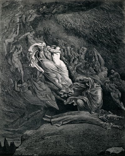 Dante und Virgil mit Paolo und Francesca, Illustration zu Inferno, Canto V der Göttlichen Komödie von Gustave Dore