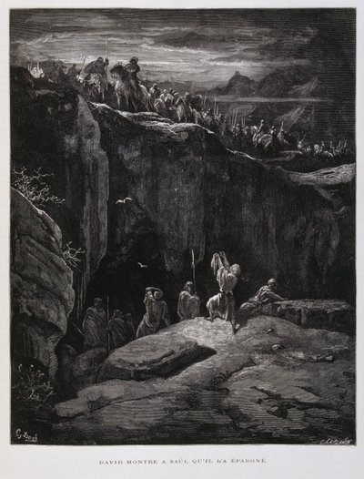 David bietet Saul, dem König von Israel, sein Schwert in Treue an, Illustration aus der Dore-Bibel von Gustave Dore