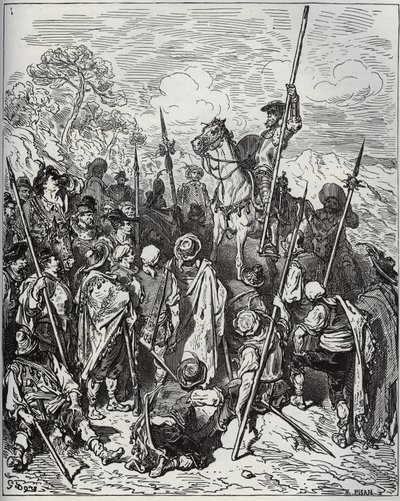 Don Quijote und Sancho mit der Truppe der schreienden Dorfbewohner - aus „Don Quijote de la Mancha“ von Miguel Cervantes (1547-1616) - Holzschnitt nach einer Zeichnung von Gustave Doré von Gustave Dore