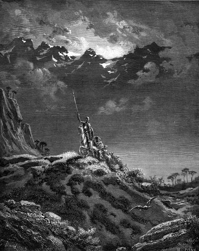 Don Quijote auf Abenteuer. Gravur von Gustave Doré zur Illustration der Hachette-Ausgabe von 1869 des Buches „Der sinnreiche Junker Don Quijote von der Mancha“ von Miguel de Cervantes Saavedra, Übersetzung von Louis Viardot von Gustave Dore