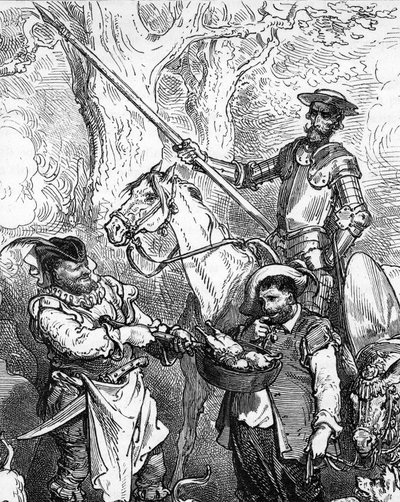 Don Quijote, wirft von Hand und reitet auf seinem Pferd Rosinante, bereit für ein Abenteuer. Sein treuer Knappe, der Feinschmecker Sancho Panza, zögert vor einem guten Fleischgericht. Detail einer Gravur von Gustave Doré von Gustave Dore