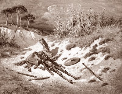 Don Quijote nach seiner Prügelstrafe ruft seine ideale Dame Dulcinea del Toboso an. Gravur von Gustave Doré für „Der sinnreiche Junker Don Quijote von der Mancha“ von Miguel de Cervantes, 1863 von Gustave Dore