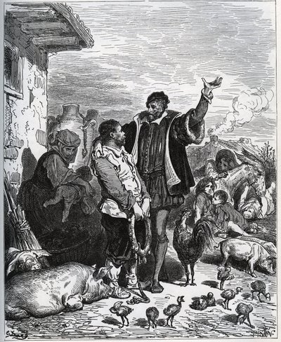 Don Quijote überzeugt seinen Nachbarn Sancho Panza, sein Knappe zu sein - aus "Don Quijote von der Mancha" von Miguel Cervantes von Gustave Dore