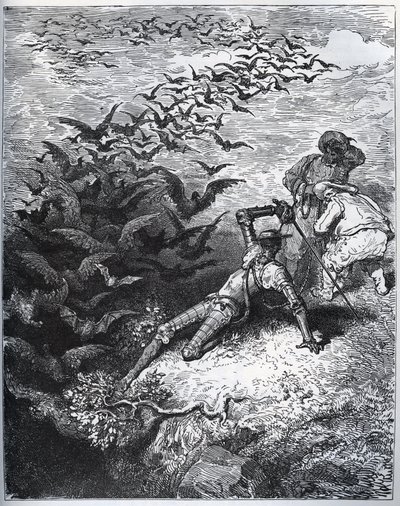 Don Quijote in der Höhle von Montesinos - Eine unendliche Anzahl von Krähen und Raben fliegt aus der Höhle und wirft Don Quijote zu Boden (II, 22) - aus „Don Quijote de la Mancha“ von Miguel Cervantes - Holzschnitt nach einer Zeichnung von Gustave Dore