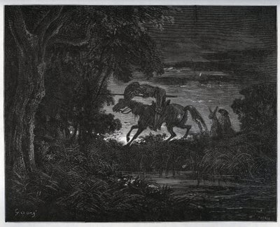 Don Quijote und Sancho Panza zu Beginn des Abenteuers in einem dichten und unbekannten Wald - aus „Don Quijote von der Mancha“ von Miguel Cervantes (1547-1616) - Holzschnitt nach einer Zeichnung von Gustave Doré von Gustave Dore