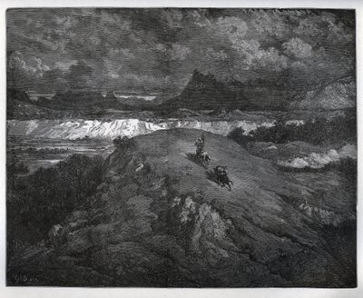 Don Quijote und Sancho Panza setzen ihre Abenteuer in einer bergigen Region, Sierra Morena, fort - aus „Don Quijote von der Mancha“ von Miguel Cervantes (1547-1616) - Holzschnitt nach einer Zeichnung von Gustave Doré von Gustave Dore