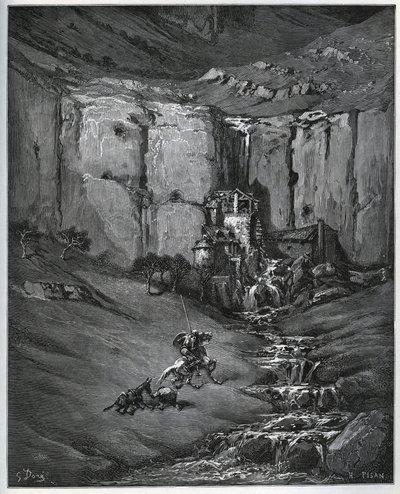 Don Quixote und Sancho Panza entdecken, was ihre Besorgnis verursachte, einen Wasserfall und eine Mühle - aus „Don Quixote de la Mancha“ von Miguel Cervantes (1547-1616) - Holzschnitt nach einer Zeichnung von Gustave Dore von Gustave Dore