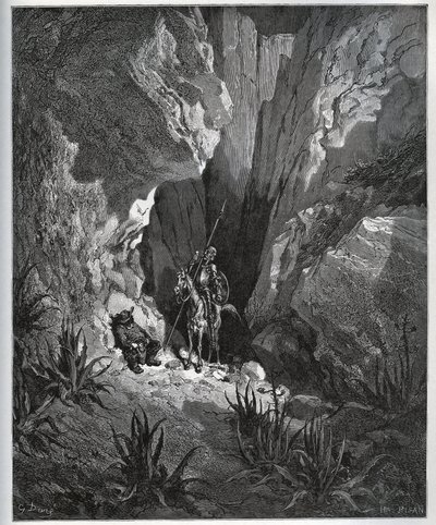 Don Quixote und Sancho Panza finden die Sachen eines Reisenden - aus „Don Quixote de la Mancha“ von Miguel Cervantes (1547-1616) - Holzschnitt nach einer Zeichnung von Gustave Doré von Gustave Dore