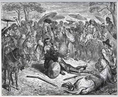 Don Quijote wird inmitten einer Gruppe von Kaufleuten geschlagen - Der Maultiermacher hatte Gefallen am Spiel gefunden - aus "Don Quijote von der Mancha" von Miguel Cervantes von Gustave Dore