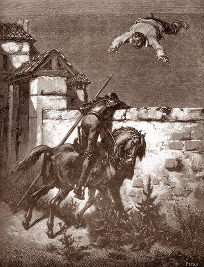 Don Quixote kann die Werfer von Sancho Panza nicht aufhalten, die ihn auf einer Decke hüpfen lassen. Gravur von Gustave Doré (1832-1883) für 