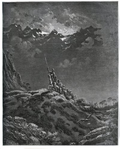 Don Quixote geht auf Mission für Dorothee, begleitet von Sancho Panza, Barbier, Dorothee, Pfarrer und Cardenio - aus „Don Quixote de la Mancha“ von Miguel Cervantes (1547-1616) - Holzschnitt nach einer Zeichnung von Gustave Dore von Gustave Dore