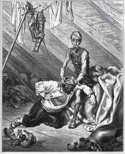 Don Quijote lässt Sancho Panza seinen kostbaren Balsam probieren, der sie beide von allen Übeln heilt - aus "Don Quijote von der Mancha" von Miguel Cervantes von Gustave Dore
