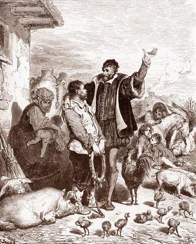 Don Quijote überredet seinen Nachbarn Sancho Panza, sein Knappe zu werden, indem er ihm verspricht, ihn zum Gouverneur einer eroberten Insel zu machen von Gustave Dore
