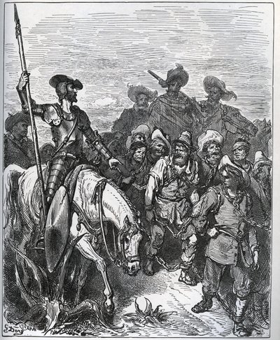 Don Quijote befragt die Kräfte nach den Gründen für ihre Überzeugungen - aus „Don Quijote de la Mancha“ von Miguel Cervantes (1547-1616) (Don Quijote) - Holzschnitt nach einer Zeichnung von Gustave Doré von Gustave Dore