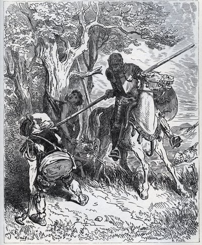 Don Quijote ergreift Partei für den jungen Diener - „Bei der Sonne, die uns erleuchtet, ich weiß nicht, wer mich davon abhält, meine Klinge durch den Körper zu stechen“ - aus „Don Quijote de la Mancha“ von Miguel Cervantes (1547-1616) (Don Quijote) - Holzs von Gustave Dore