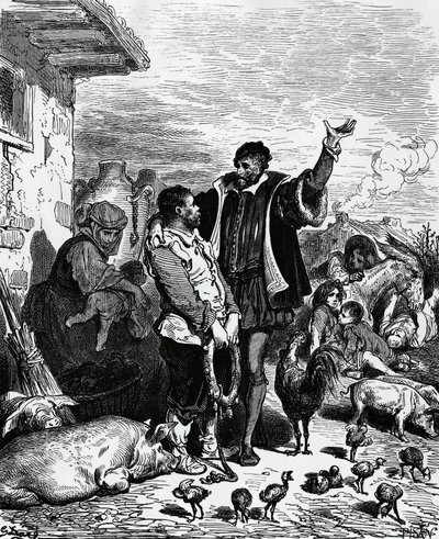 Don Quijote nimmt Sancho Panza aus seinem Haus und ernennt ihn zum Gouverneur, Illustration von Gustave Doré (1832-1883) für die Ausgabe von 1880 von Don Quijote von Miguel de Cervantes Saavedra (1547-1616) von Gustave Dore